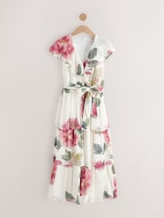 Ecru Floral Print Occasion Ruffle V-Neck Midi Dress - Image 5 of 7