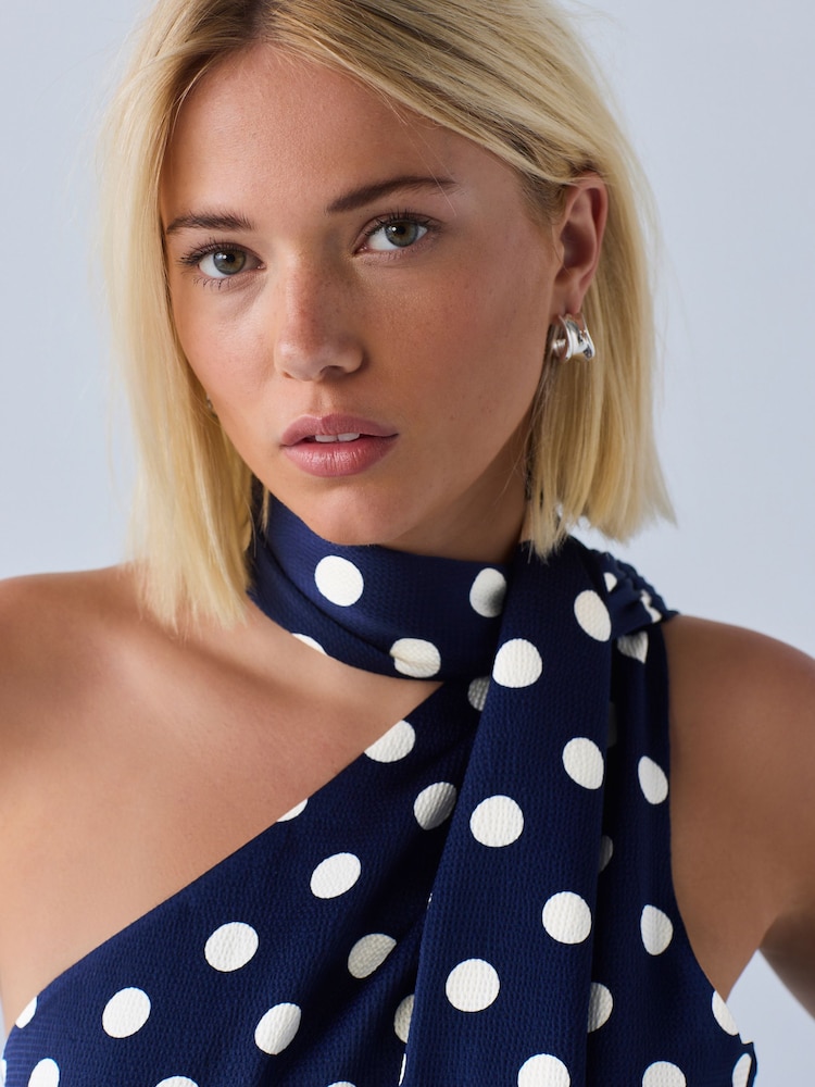 Womens Next Navy Blue Polka Dot Textured Satin One Shoulder Mini Dress US 8 Petite Womens Next Navy Blue Polka Dot Textured Satin One Shoulder Mini Dress US 8 Petite