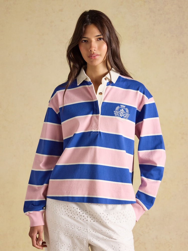 Joules Lara Pink & Blue Striped Cotton Collared Long Sleeve Rugby Shirt - Image 1 of 8