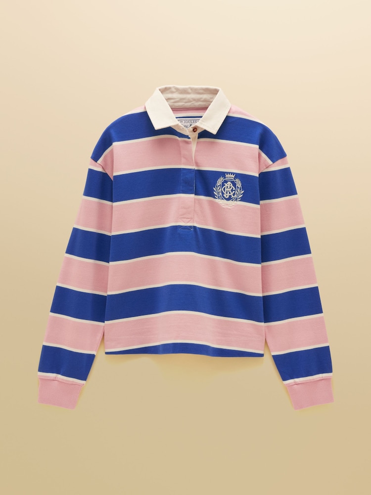 Joules Lara Pink & Blue Striped Cotton Collared Long Sleeve Rugby Shirt - Image 8 of 8