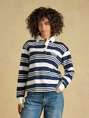 Joules Lara Navy & Cream Stripe Cotton Collared Long Sleeve Rugby Shirt - Image 1 of 7