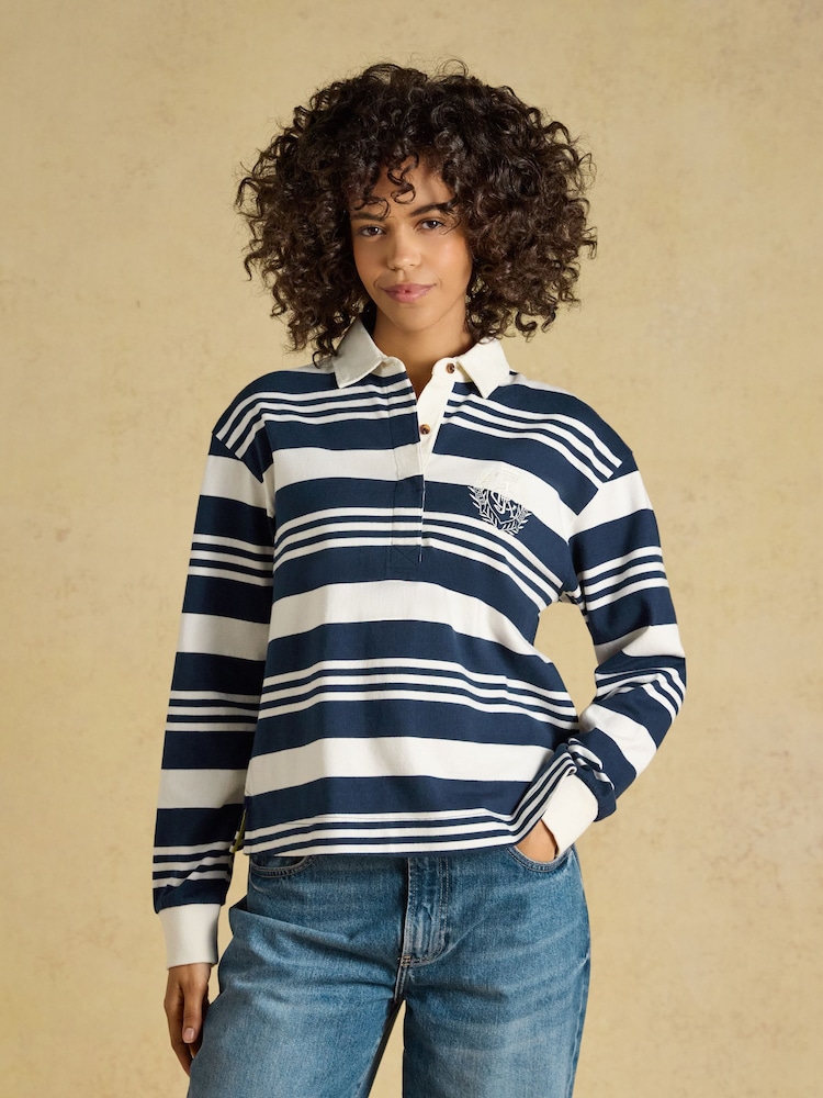 Joules Lara Navy & Cream Stripe Cotton Collared Long Sleeve Rugby Shirt - Image 1 of 7 Joules Lara Navy & Cream Stripe Cotton Collared Long Sleeve Rugby Shirt - Image 1 of 7