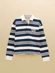 Joules Lara Navy & Cream Stripe Cotton Collared Long Sleeve Rugby Shirt - Image 7 of 7