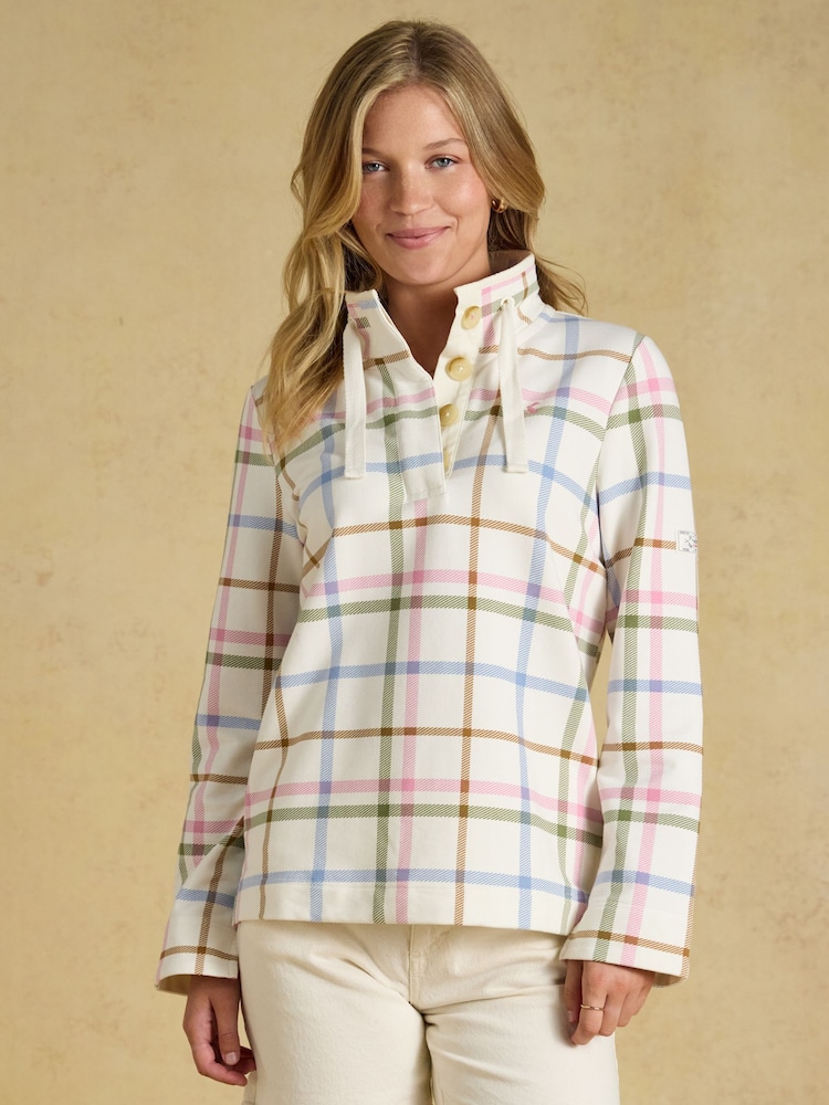 Saunton Cream Madden Check Cotton Blend Sweatshirt with Buttoned Funnel Neck - Image 1 of 8