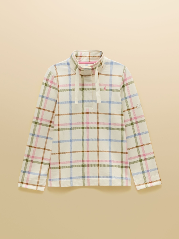 Saunton Cream Madden Check Cotton Blend Sweatshirt with Buttoned Funnel Neck - Image 8 of 8