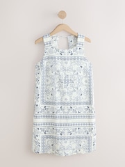 White/Blue Tile Print Linen Rich Square Neck Shift Mini Dress - Image 6 of 8