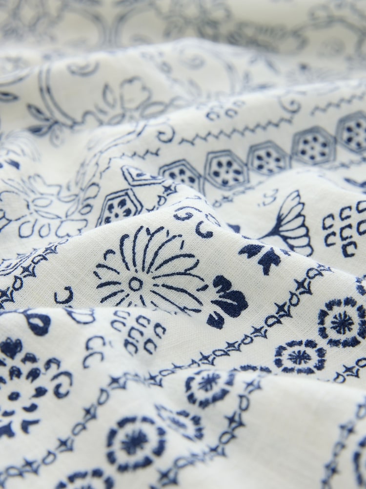 White/Blue Tile Print Linen Rich Square Neck Shift Mini Dress - Image 8 of 8 White/Blue Tile Print Linen Rich Square Neck Shift Mini Dress - Image 8 of 8