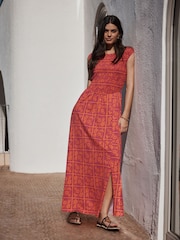 Pink Print Cap Sleeve Shirred Body Jersey Midi Dress - Image 1 of 7