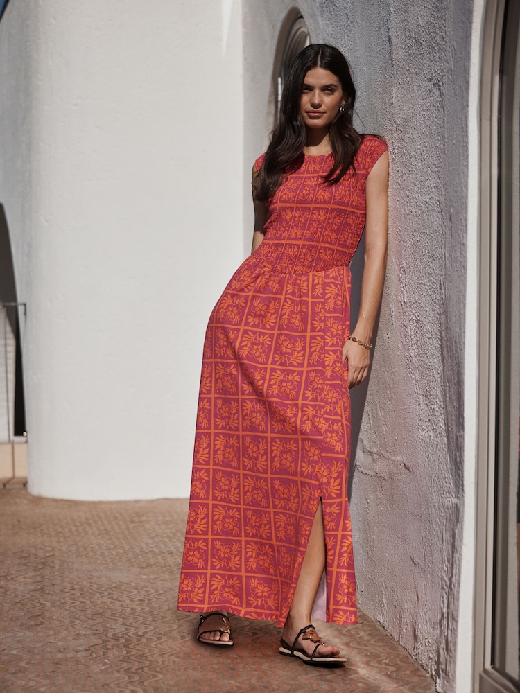 Pink Print Cap Sleeve Shirred Body Jersey Midi Dress - Image 1 of 7