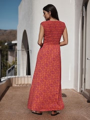 Pink Print Cap Sleeve Shirred Body Jersey Midi Dress - Image 3 of 7