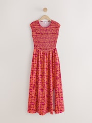 Pink Print Cap Sleeve Shirred Body Jersey Midi Dress - Image 5 of 7