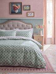 Green Tile Geometric Reversible Duvet Cover and Pillowcase Set - Image 1 of 5