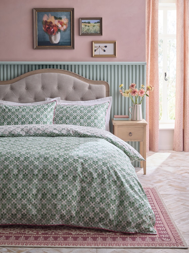 Green Tile Geometric Reversible Duvet Cover and Pillowcase Set - Image 1 of 5