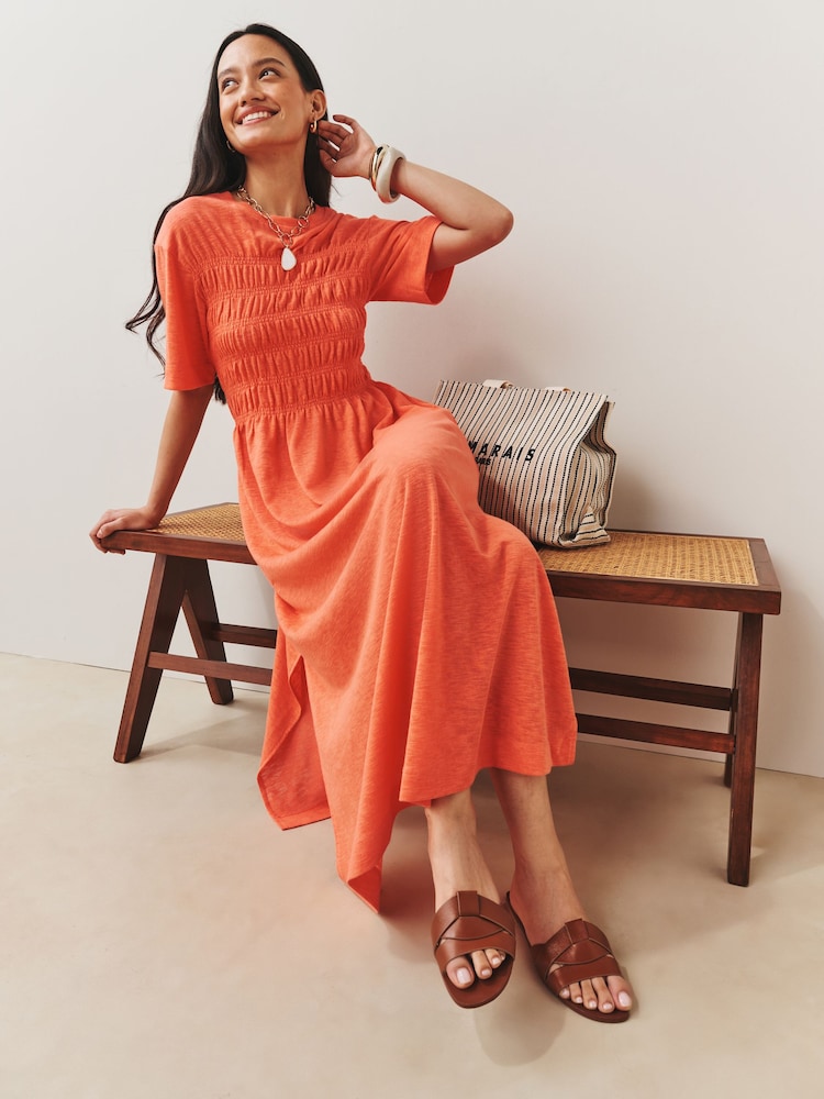 Coral Orange Short Sleeve Shirred Body T-Shirt Midi Dress - Image 2 of 9