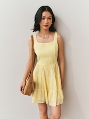 Butter Yellow Square Neck Mini Tiered Summer Dress - Image 1 of 6