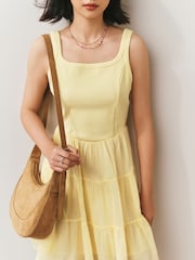 Butter Yellow Square Neck Mini Tiered Summer Dress - Image 3 of 6