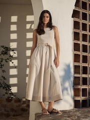 Stone 2 in 1 Woven Mix Belted Midi Dress - Image 1 of 4