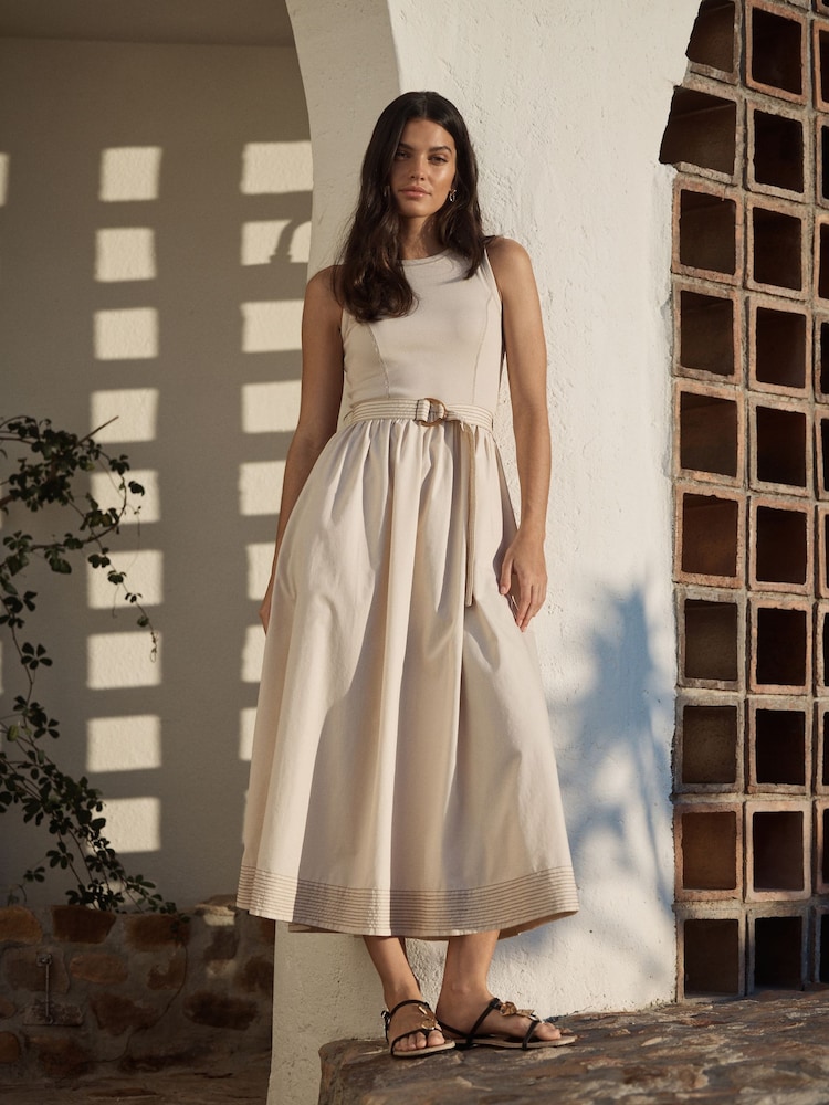 Stone 2 in 1 Woven Mix Belted Midi Dress - Image 1 of 4