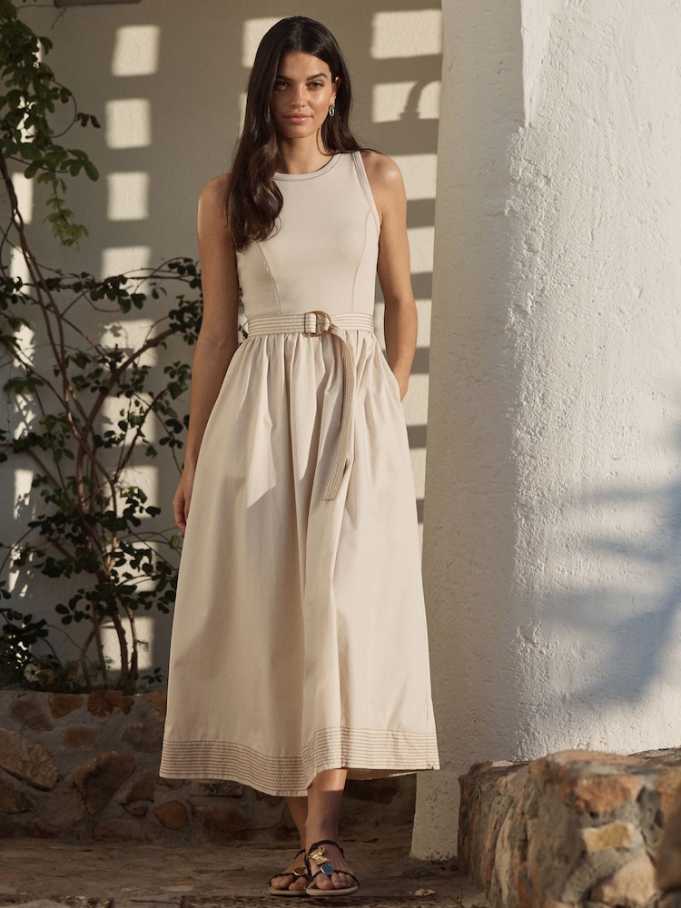 Stone 2 in 1 Woven Mix Belted Midi Dress - Image 2 of 4
