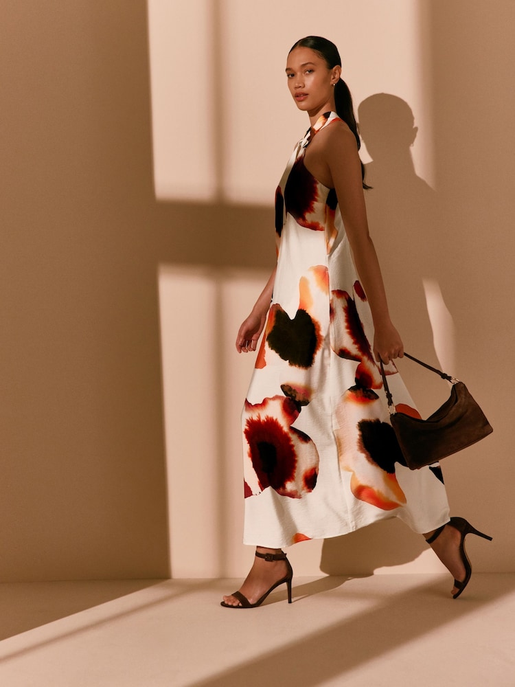 Ecru/ Orange Floral Print Halter Twist Neck Midi Dress - Image 1 of 10