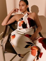 Ecru/ Orange Floral Print Halter Twist Neck Midi Dress - Image 2 of 10