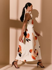 Ecru/ Orange Floral Print Halter Twist Neck Midi Dress - Image 3 of 10