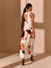 Ecru/ Orange Floral Print Halter Twist Neck Midi Dress - Image 4 of 10
