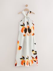 Ecru/ Orange Floral Print Halter Twist Neck Midi Dress - Image 6 of 10