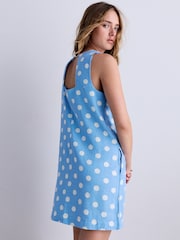 Blue/White Polka Dot Linen Rich Square Neck Shift Mini Dress - Image 3 of 7