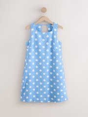 Blue/White Polka Dot Linen Rich Square Neck Shift Mini Dress - Image 5 of 7