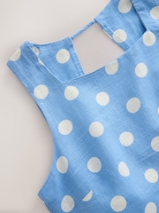 Blue/White Polka Dot Linen Rich Square Neck Shift Mini Dress - Image 6 of 7