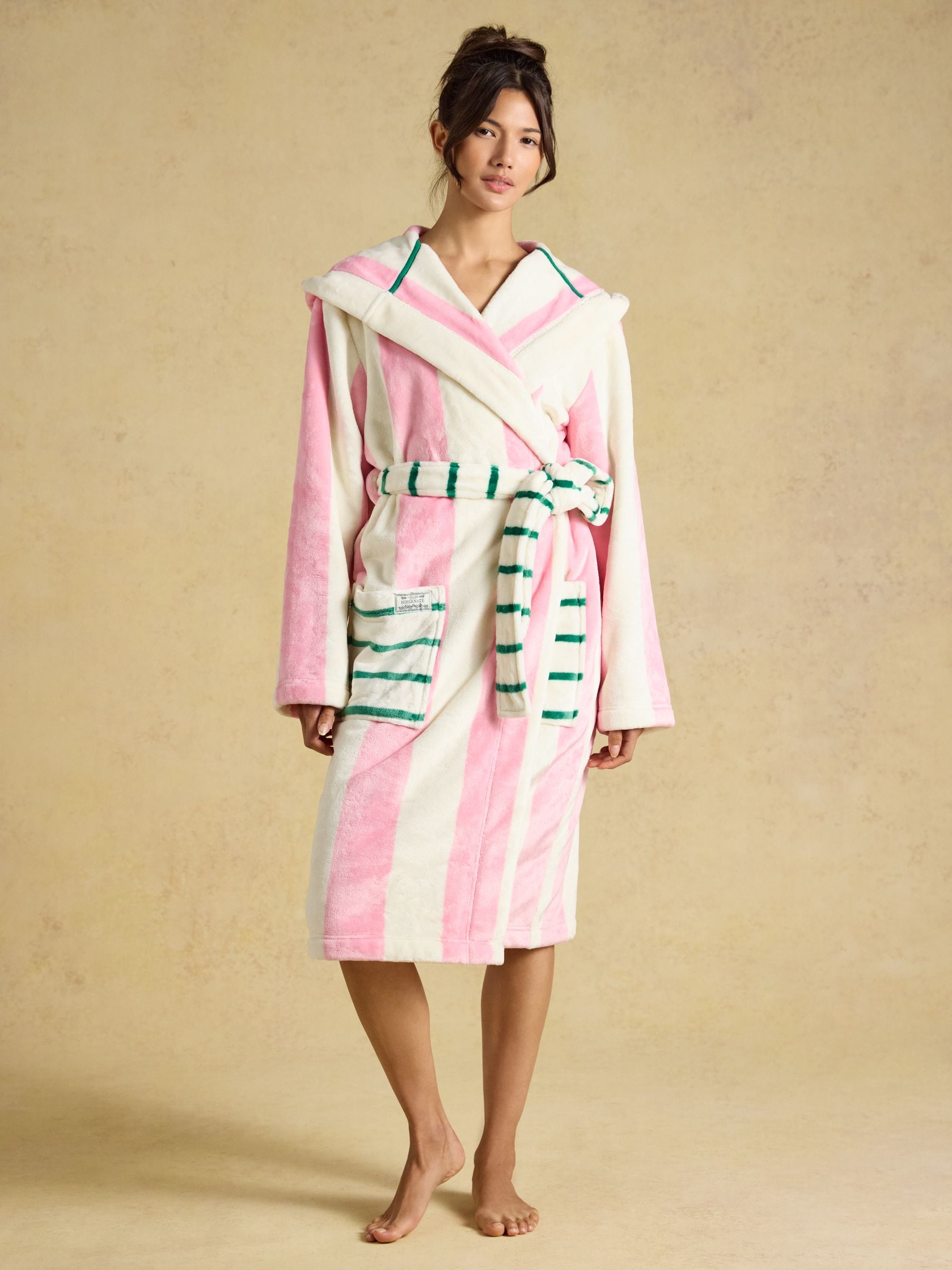 Joules Luna Pink & Cream Striped Hooded Fleece Dressing Gown - Image 1