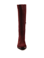 Off The Hook Red Fern Suede Leather Slouchy Knee-High Kitten Heel Boots - Image 5 of 6
