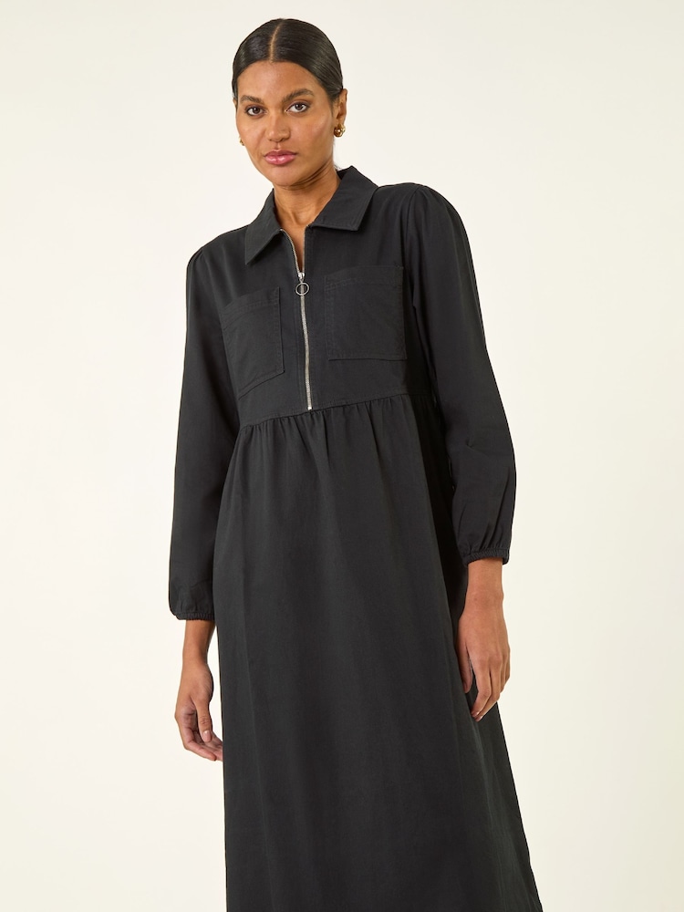 Roman Black Corduroy Zip Detail Midi Dress - Image 1 of 5 Roman Black Corduroy Zip Detail Midi Dress - Image 1 of 5