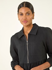 Roman Black Corduroy Zip Detail Midi Dress - Image 4 of 5