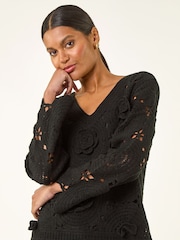 Roman Black Crochet Floral Knit Jumper - Image 1 of 5