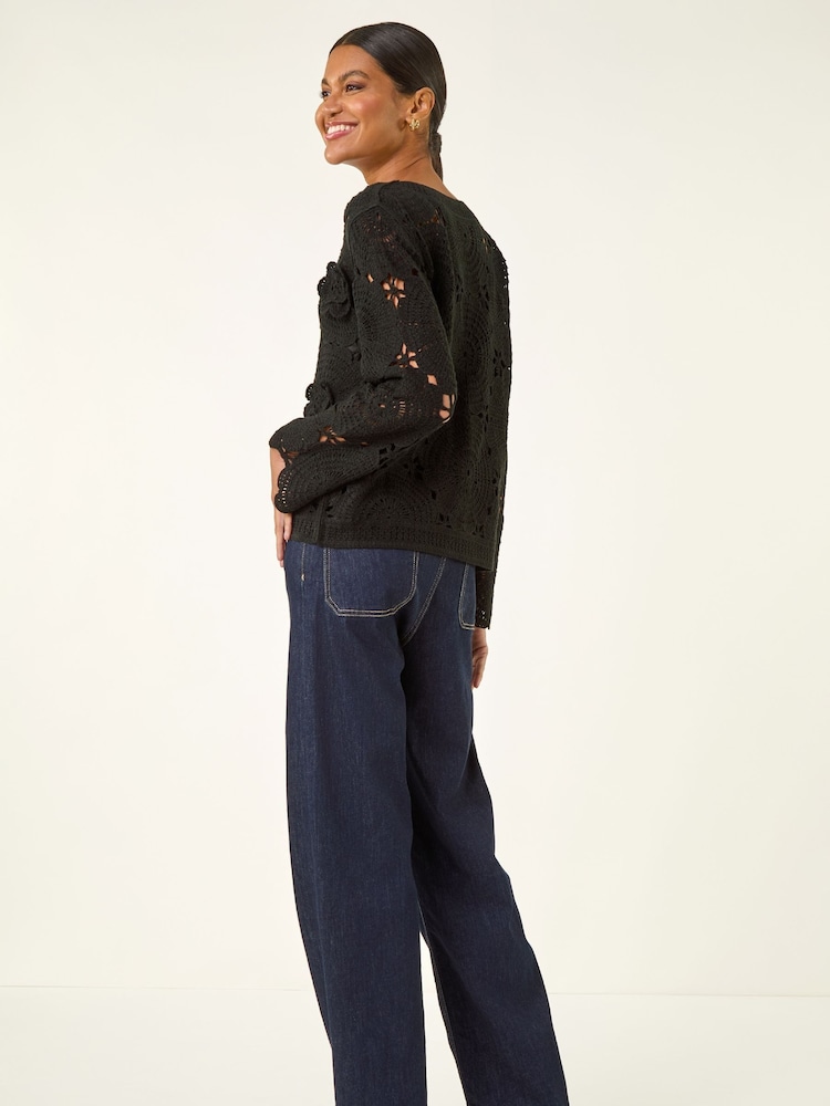 Roman Black Crochet Floral Knit Jumper - Image 2 of 5
