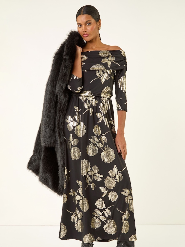 Roman Metallic Floral Foil Bardot Midi Dress - Image 2 of 5 Roman Metallic Floral Foil Bardot Midi Dress - Image 2 of 5