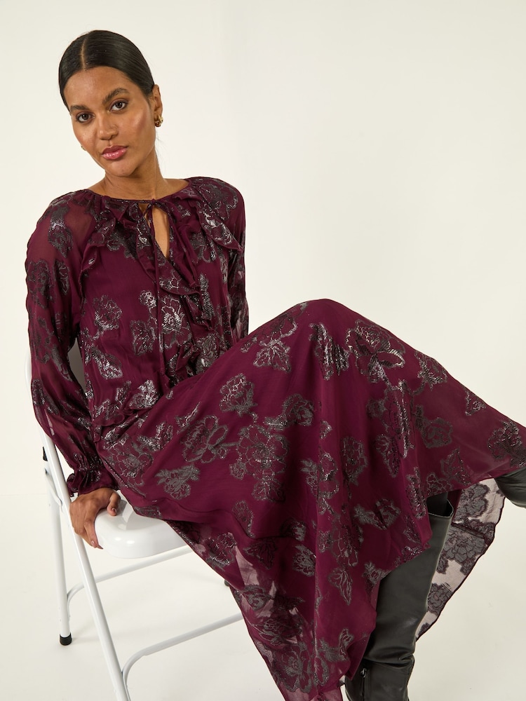 Roman Purple Floral Brocade Frill Midi Dress - Image 1 of 5 Roman Purple Floral Brocade Frill Midi Dress - Image 1 of 5