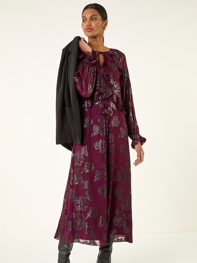 Roman Purple Floral Brocade Frill Midi Dress - Image 2 of 5 Roman Purple Floral Brocade Frill Midi Dress - Image 2 of 5