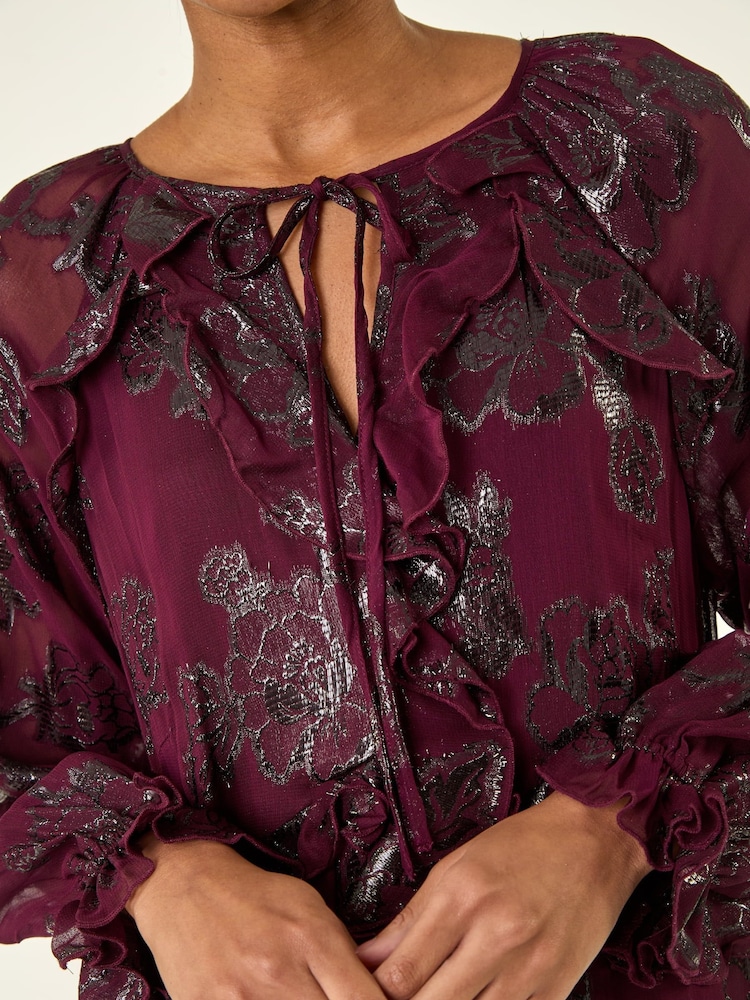 Roman Purple Floral Brocade Frill Midi Dress - Image 5 of 5 Roman Purple Floral Brocade Frill Midi Dress - Image 5 of 5