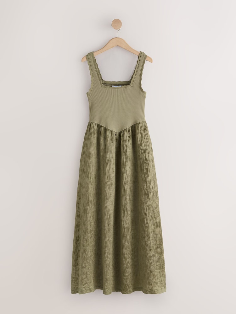 Khaki Green Jersey Woven Mix Midi Dress - Image 1 of 7 Khaki Green Jersey Woven Mix Midi Dress - Image 1 of 7