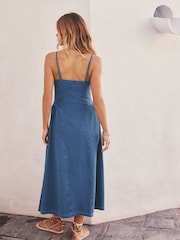 Washed Blue Denim Seersucker Jersey Midi Dress - Image 2 of 7