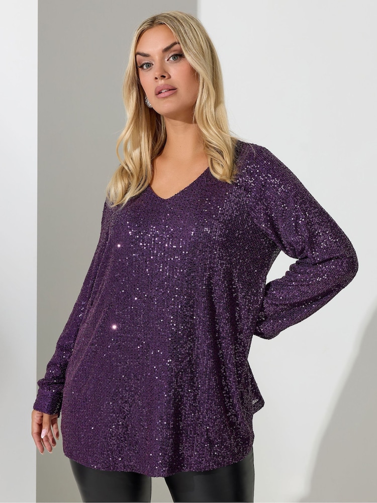 Yours Curve Purple London Sequin V Neck Long Sleeve Top - Image 1 of 4