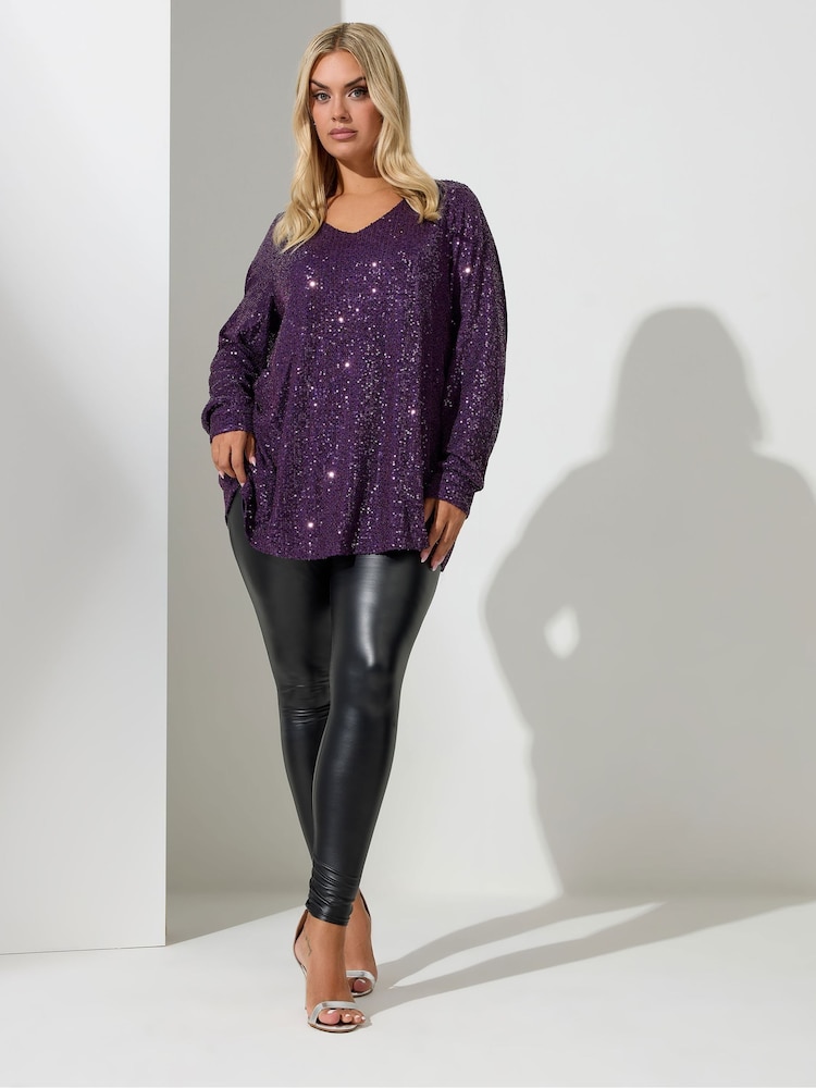 Yours Curve Purple London Sequin V Neck Long Sleeve Top - Image 2 of 4 Yours Curve Purple London Sequin V Neck Long Sleeve Top - Image 2 of 4