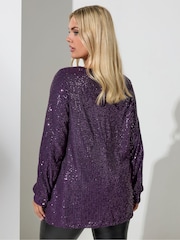 Yours Curve Purple London Sequin V Neck Long Sleeve Top - Image 3 of 4