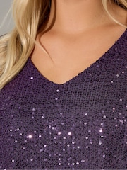 Yours Curve Purple London Sequin V Neck Long Sleeve Top - Image 4 of 4