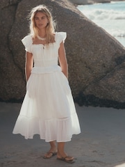 White Flutter Sleeve Square Neck Dress - Image 1 of 10