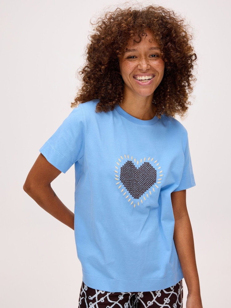 Oliver Bonas Blue Heart Cross Stitch T-Shirt - Image 1 of 8