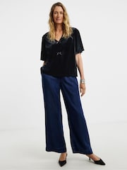JD Williams Black Velvet Bow Front Angel Sleeve Top - Image 1 of 4